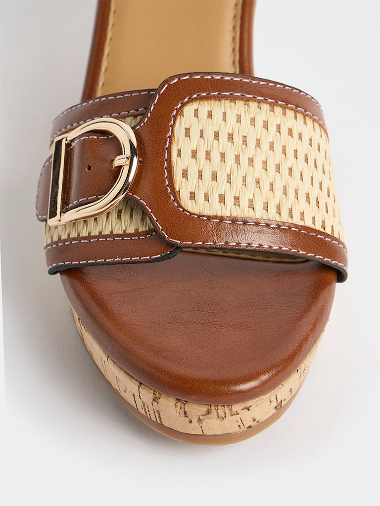 LUNA BLU Tan Buckle-Detailed Wedge-Heel Sandals