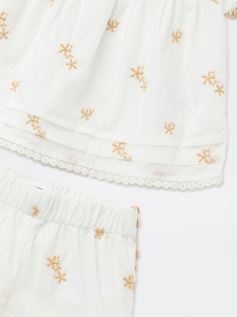 HOP Baby Girls White Embroidered Cotton Top and Pants Set