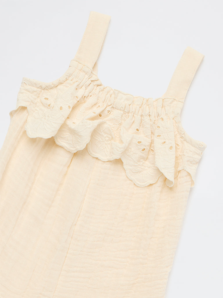 HOP Baby Girls Beige Schiffli Detailed Cotton Romper