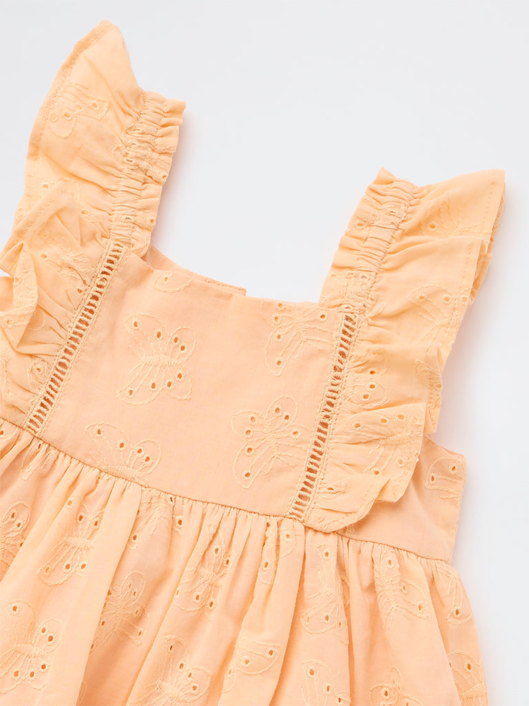 HOP Baby Girls Peach Embroidered Fit-and-Flare Cotton Dress