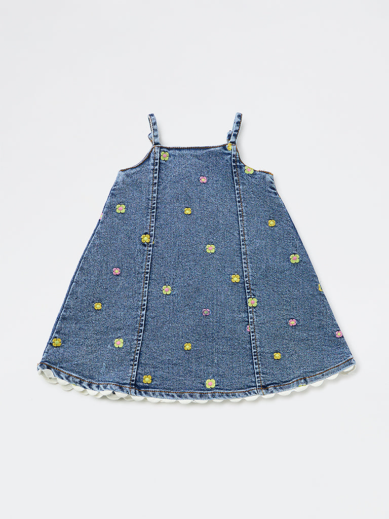 Buy HOP Baby Girls Blue Floral Embroidered Denim Dress from Westside