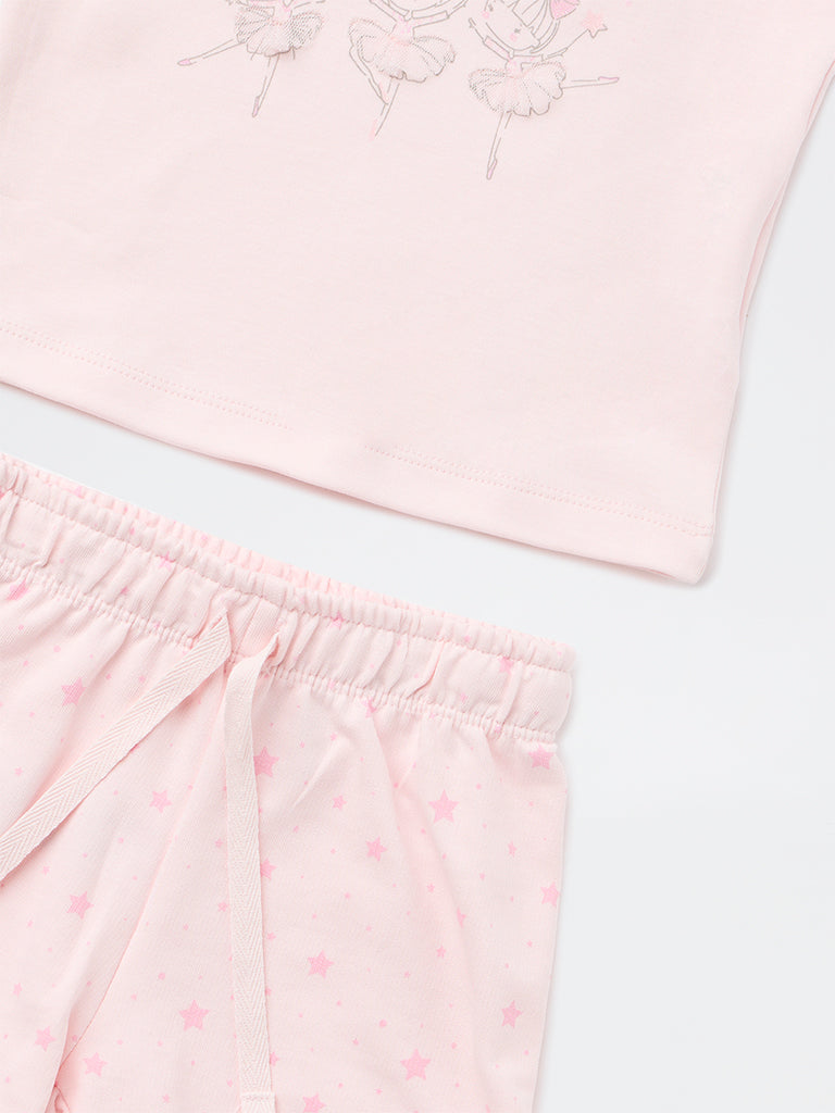 HOP Baby Girls Pink Printed Cotton T-Shirt and Shorts Set