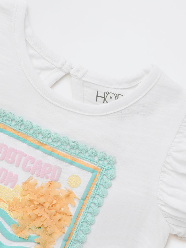 HOP Baby Girls White Graphic Printed Cotton Top