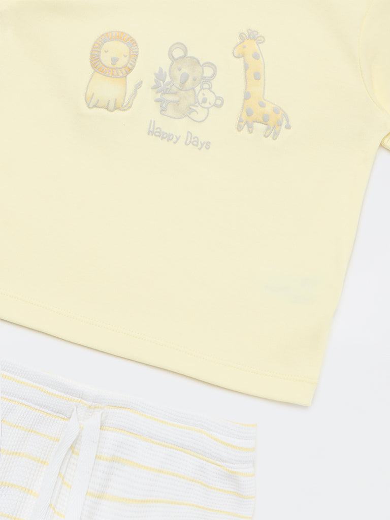 HOP Baby Boys Yellow Animal Printed Cotton T-Shirt and Shorts Set