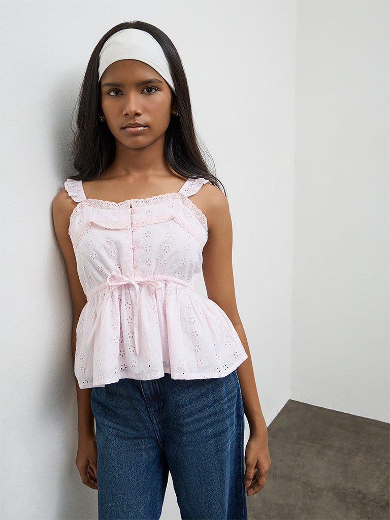 Buy Y&F Teen Girls Light Pink Schiffli Embroidered Cotton Top from