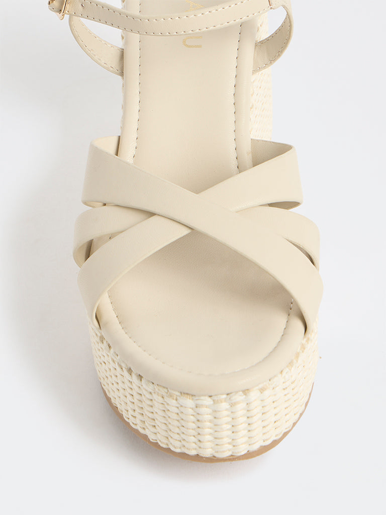 LUNA BLU Ivory Cross-Strap Raffia Wedge-Heel Sandals