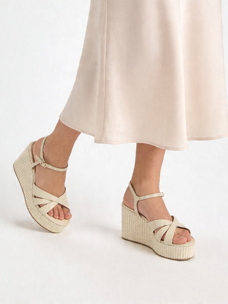 LUNA BLU Ivory Cross-Strap Raffia Wedge-Heel Sandals