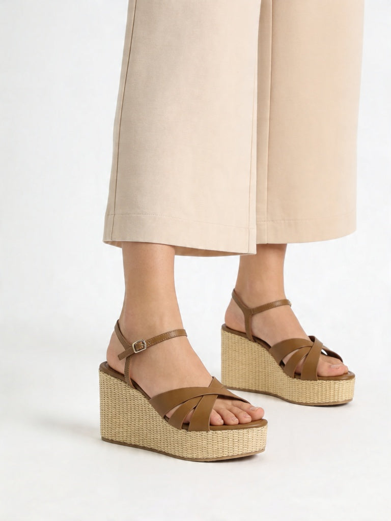 LUNA BLU Tan Cross-Strap Raffia Sandals