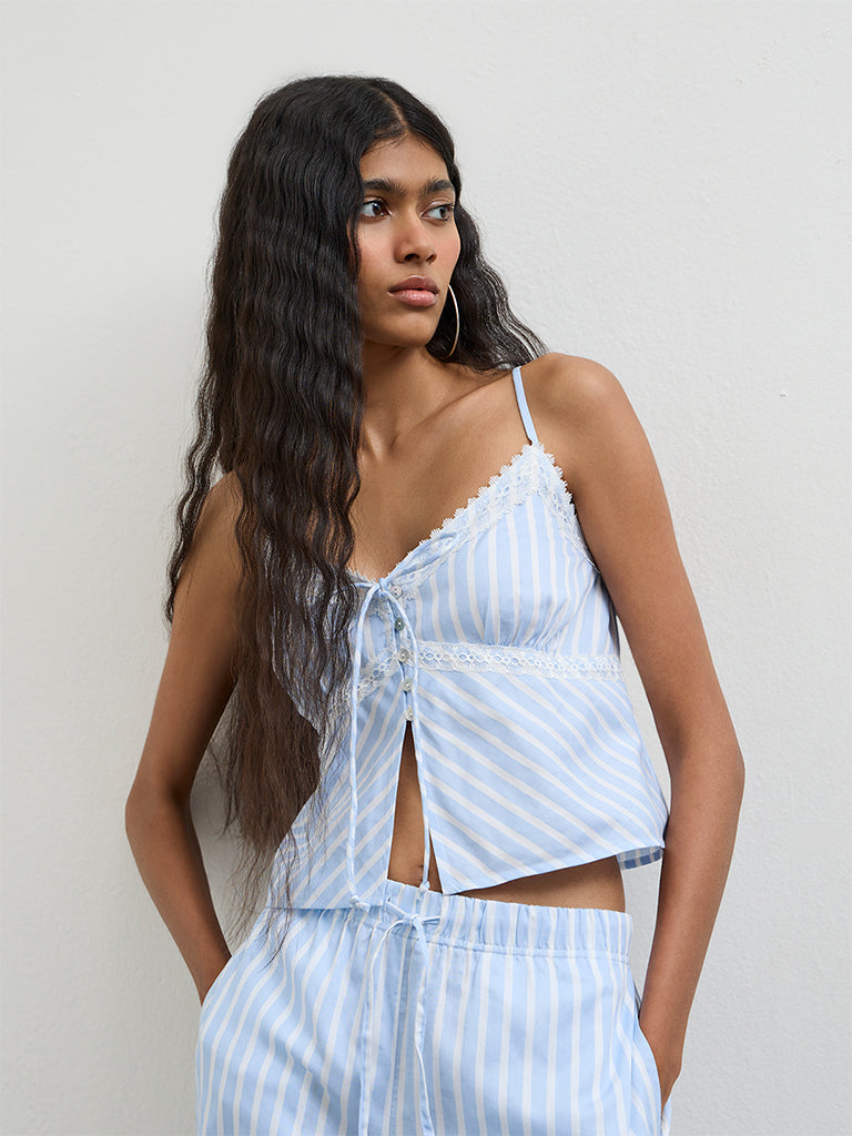 Buy Nuon Blue Striped Lace-Detailed Cotton Top from Westside