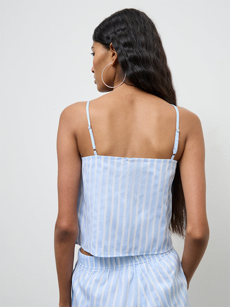 Nuon Blue Striped Lace-Detailed Cotton Top
