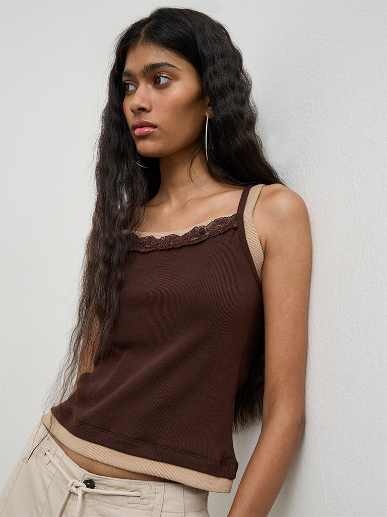 Buy Nuon Brown Lace-Detailed Cotton-Blend Top from Westside