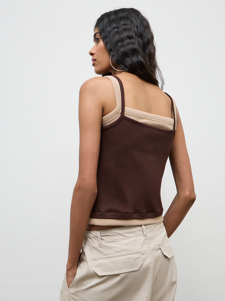 Nuon Brown Lace-Detailed Cotton-Blend Top