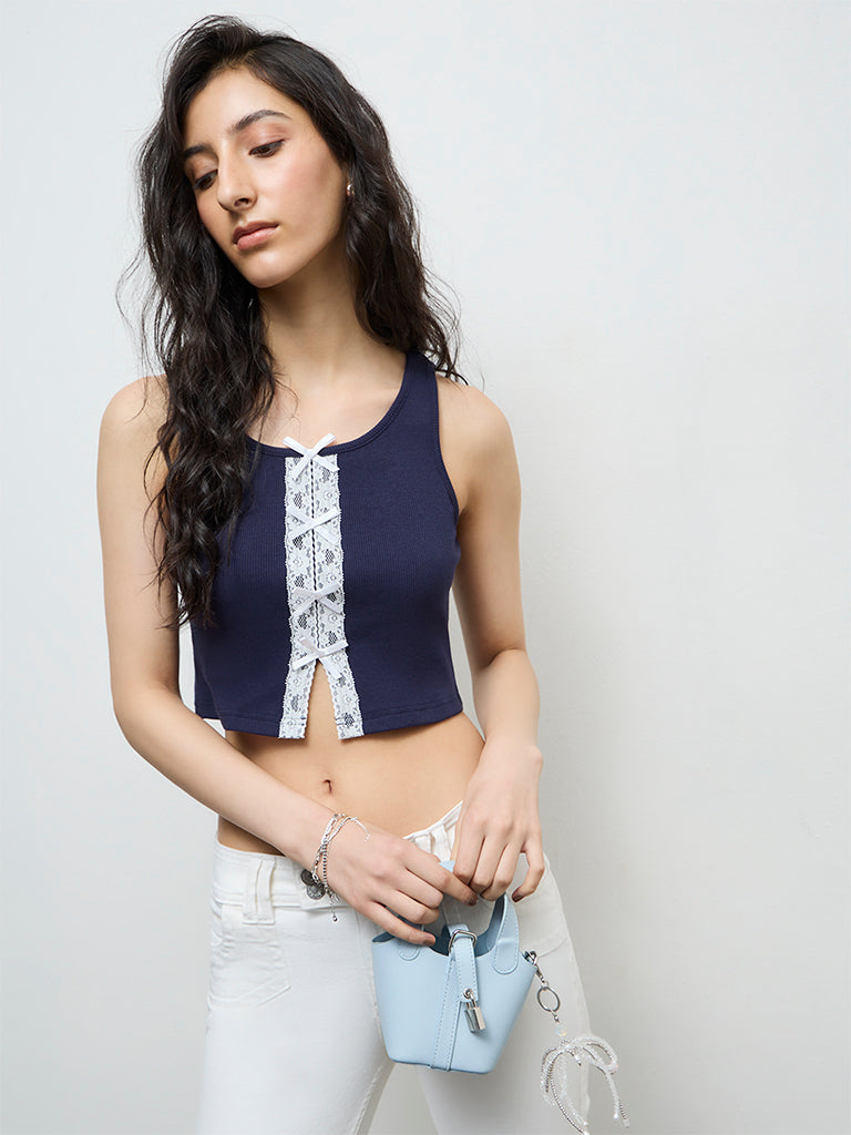 Buy Nuon Navy Blue Lace-Detail Cotton-Blend Top from Westside