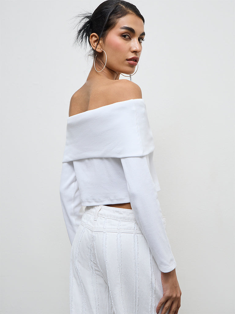 Nuon White Ribbed Off-Shoulder Cotton Top