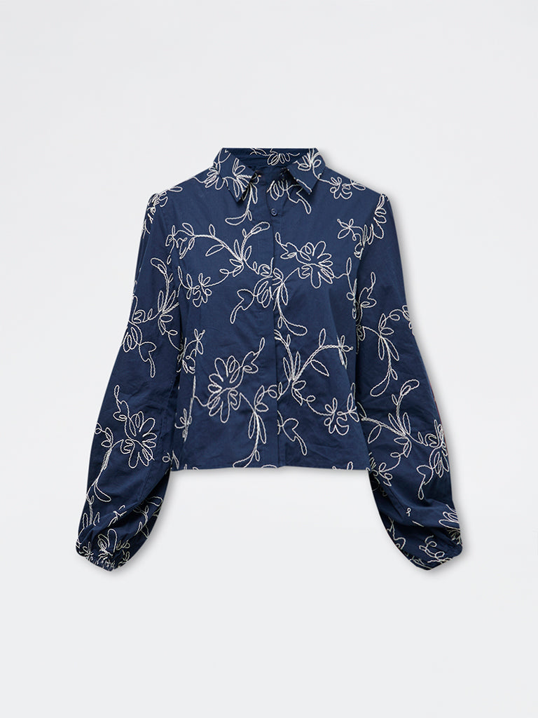 LOV Navy Floral Embroidered Cotton Shirt