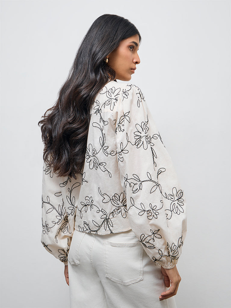 LOV Light Beige Floral Embroidered Cotton Shirt