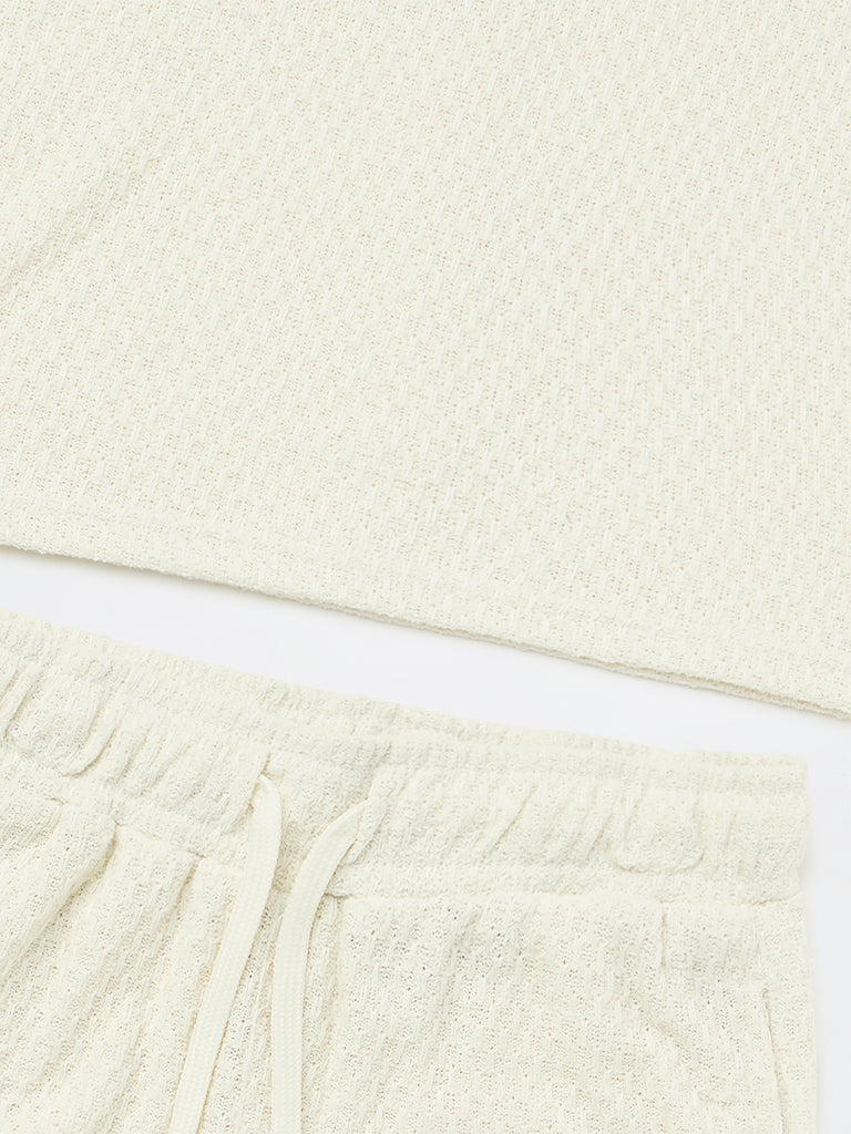 Y&F Kids Boys Off-White Textured Cotton-Blend T-Shirt and Shorts Set
