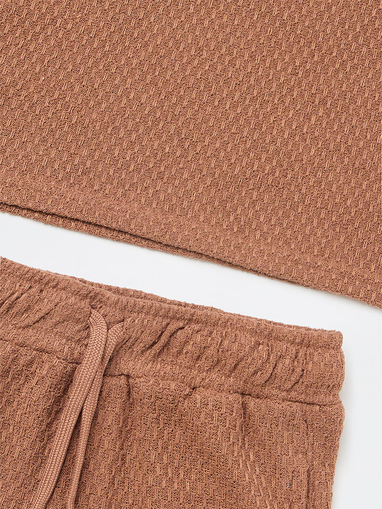 Y&F Kids Boys Brown Textured Cotton-Blend T-Shirt and Shorts Set