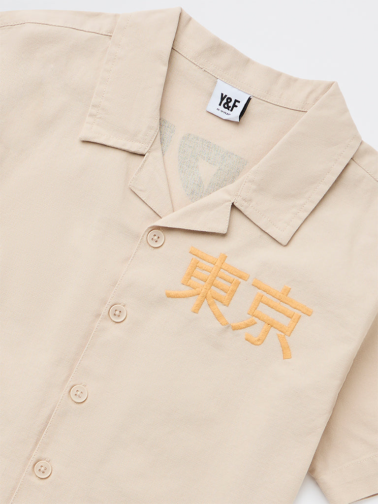 Boys Beige Graphic Printed Cotton Shirt