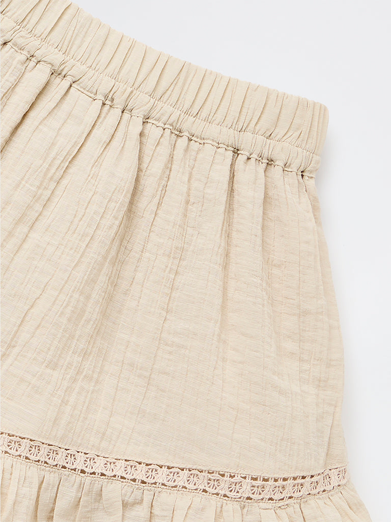 Girls Beige Crinkle-Textured High-Rise Skorts