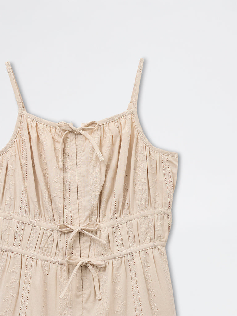 Girls Beige Embroidered Tiered Cotton Dress
