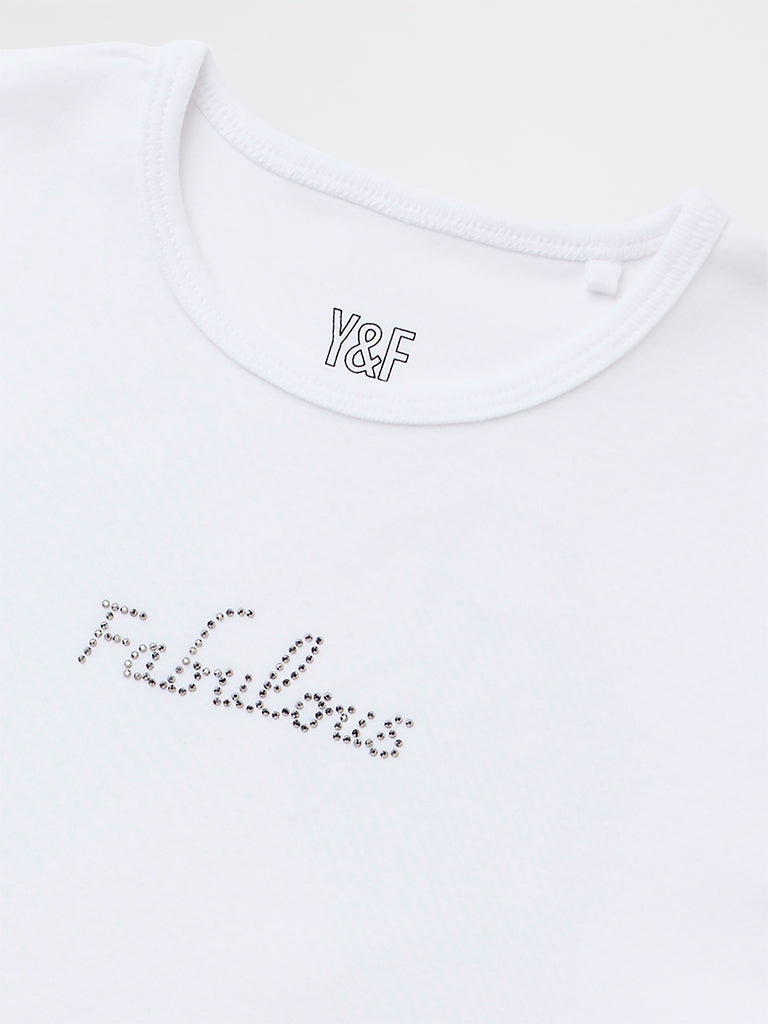 Girls White Embellished Cotton-Blend T-Shirt