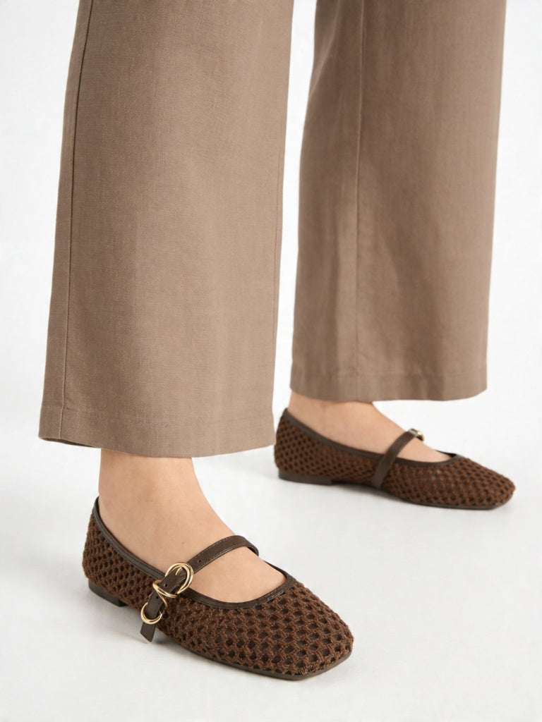 LUNA BLU Brown Crochet-Textured Mary Jane Shoes