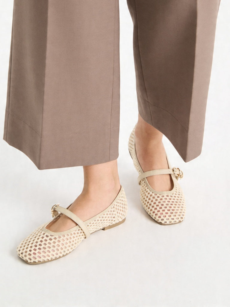 LUNA BLU Cream Crochet-Textured Mary Jane Shoes