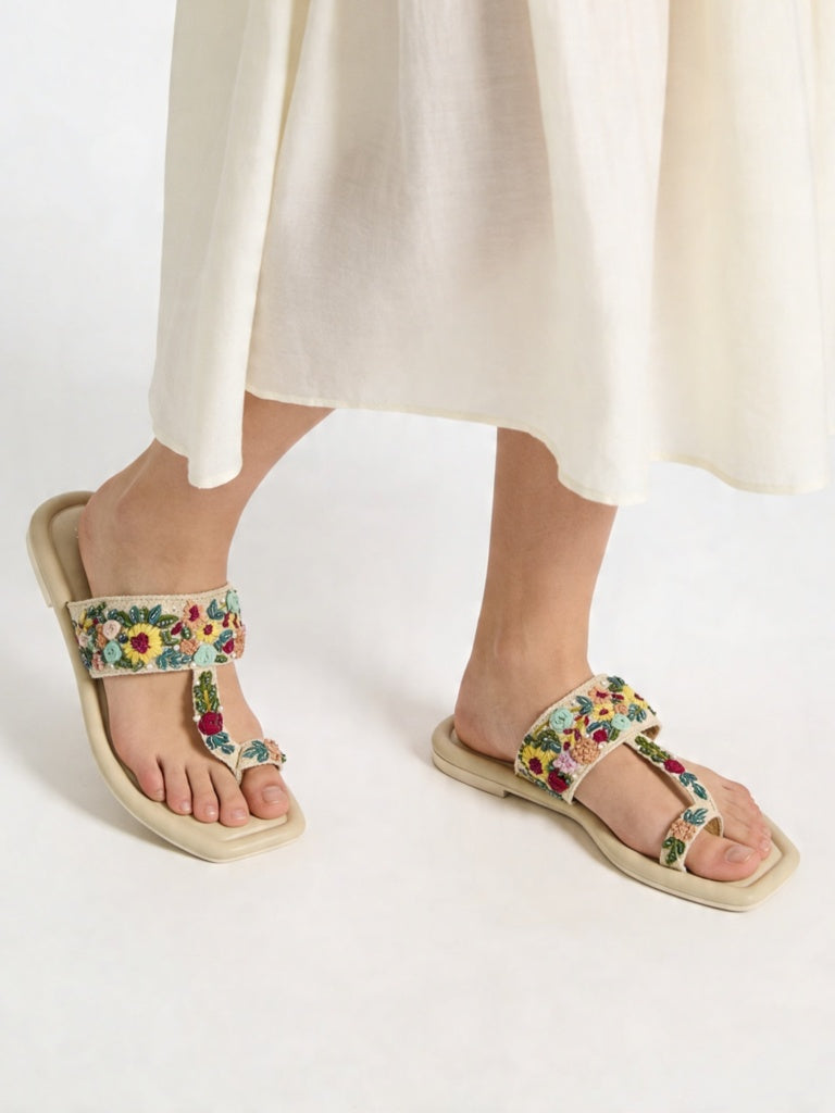 LUNA BLU Multicolor Floral-Embroidered Kolhapuri Sandals