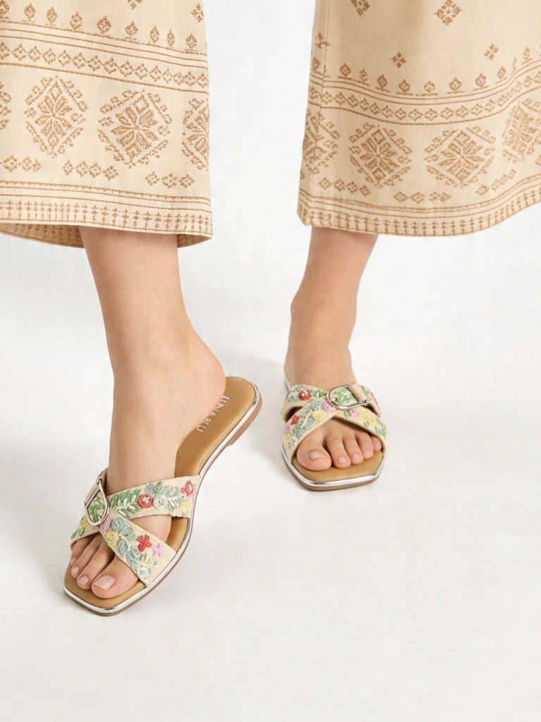 LUNA BLU Multicolor Floral-Embroidered Cross-Strap Slides