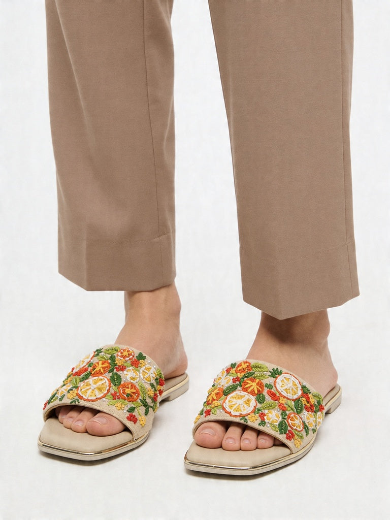 LUNA BLU Multicolor Floral-Embroidered Square Toe Slides