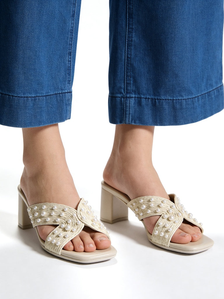 LUNA BLU Ivory Block Heel Mules