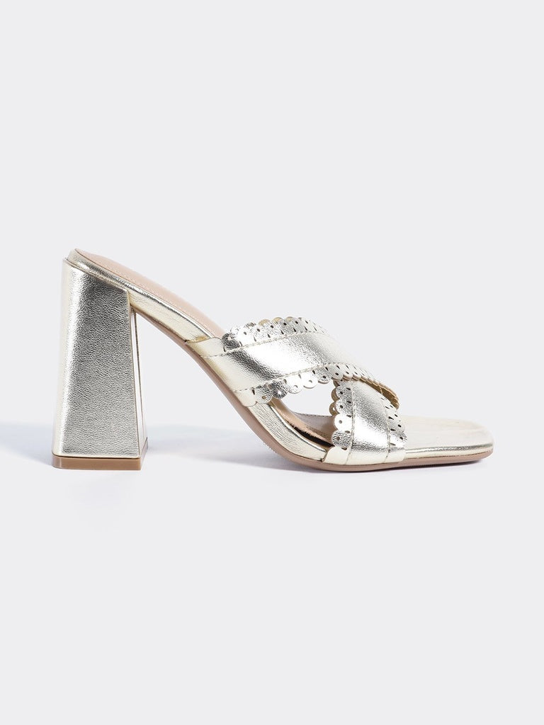 LUNA BLU Light Gold Crossband Block Heel Sandals