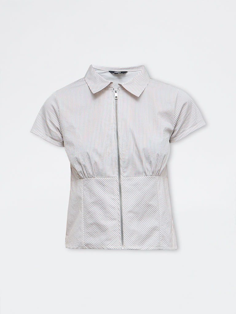 Nuon Beige Striped Cotton Top