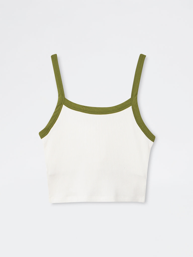 Nuon White Ribbed-Textured Padded Cotton Tank Top