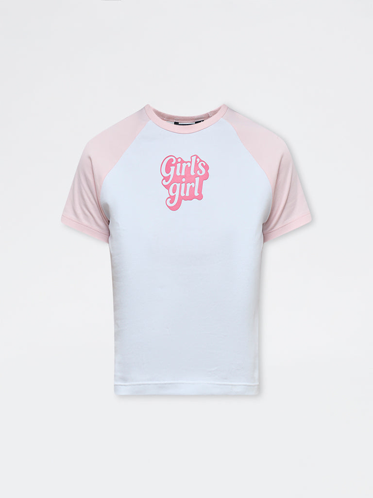 Nuon White Text Design Cotton-Blend Crop T-Shirt