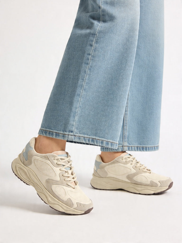 LUNA BLU Ivory Sude-Detail Mesh Lace-Up Sneakers