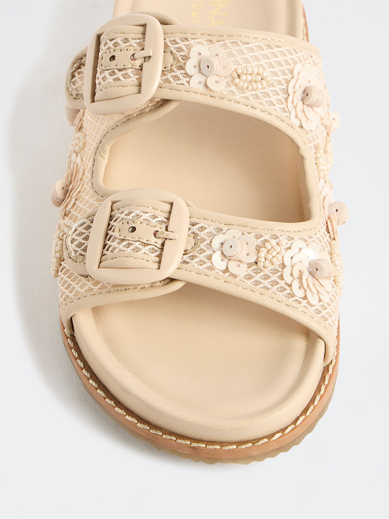 LUNA BLU Cream Embellished Double-Strap Sandals