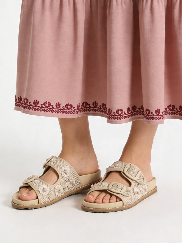 LUNA BLU Cream Embellished Double-Strap Sandals