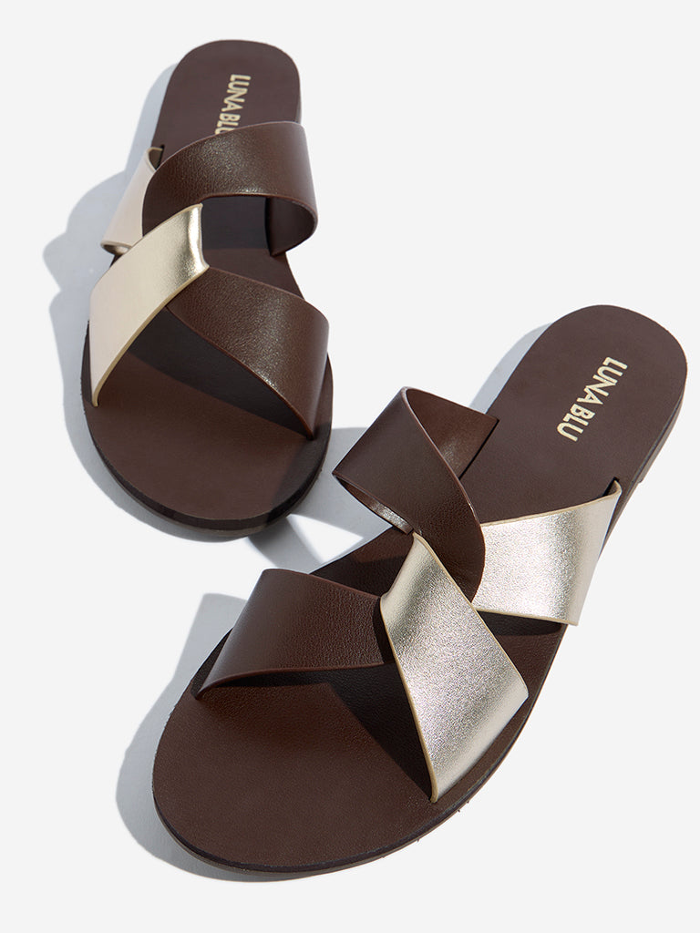 LUNA BLU Brown Criss-Cross Strap Slides