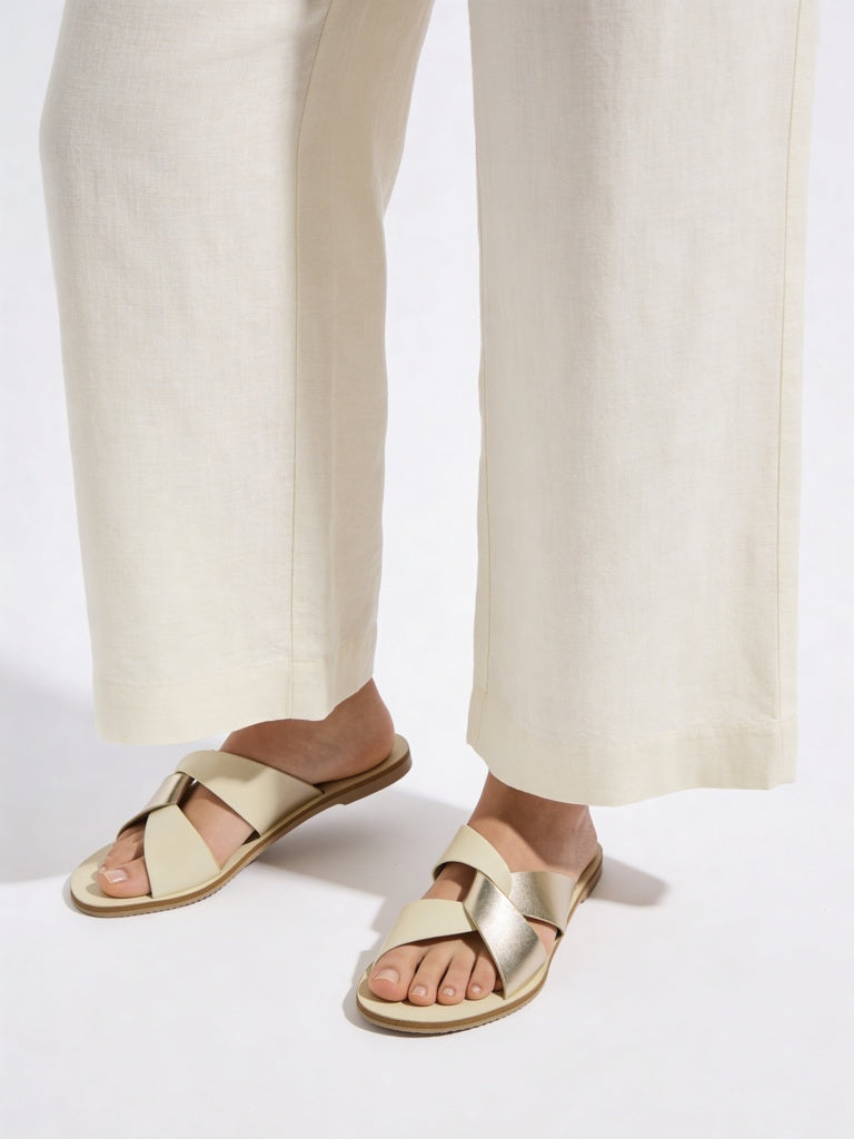 LUNA BLU Ivory Criss-Cross Strap Slides