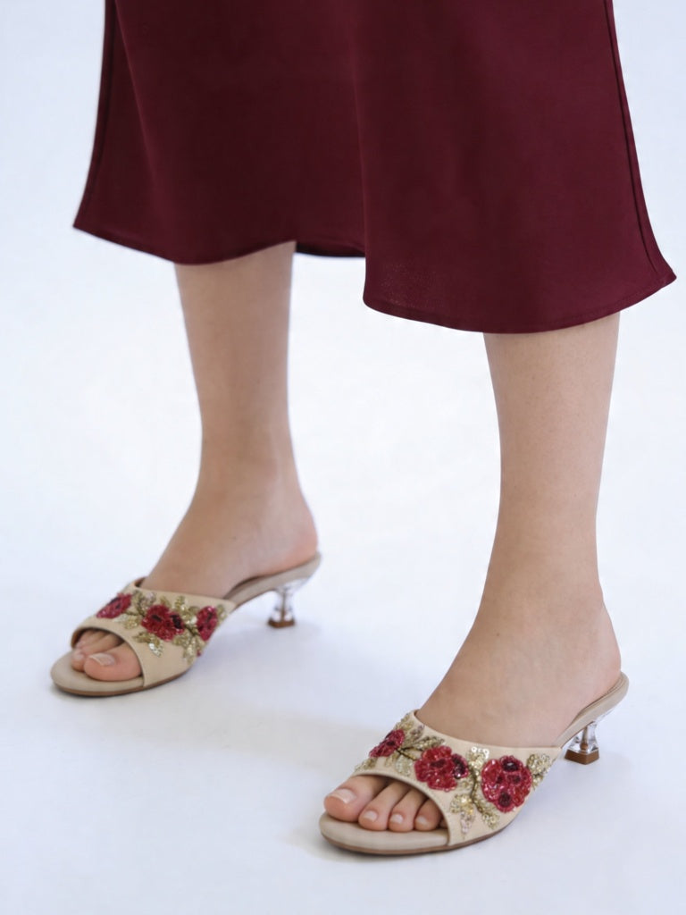 LUNA BLU Ivory Floral Embroidered Heel Sandals