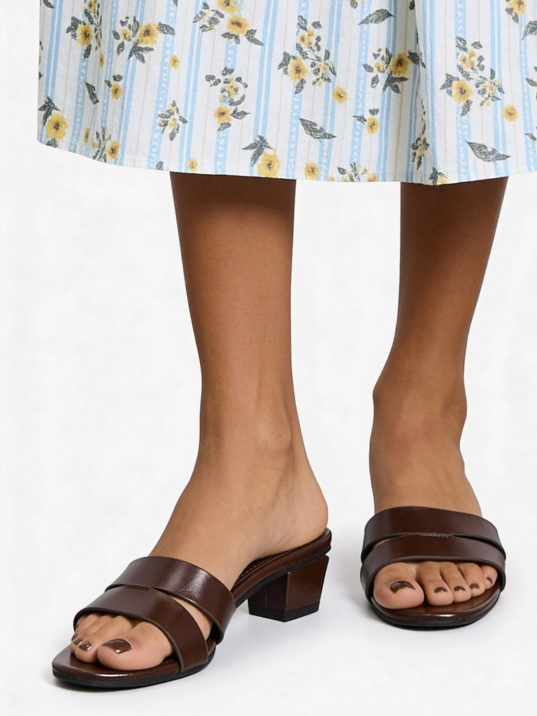 LUNA BLU Brown Double Strap Block Heel Mules