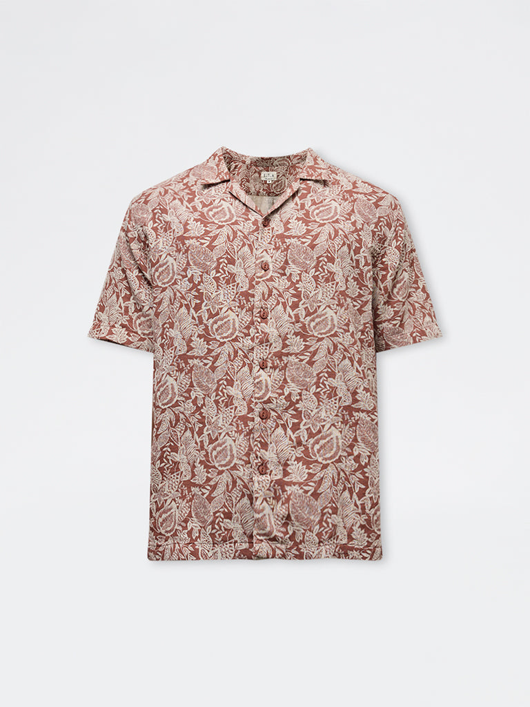 ETA Brown Botanical Printed Relaxed-Fit Cotton Shirt