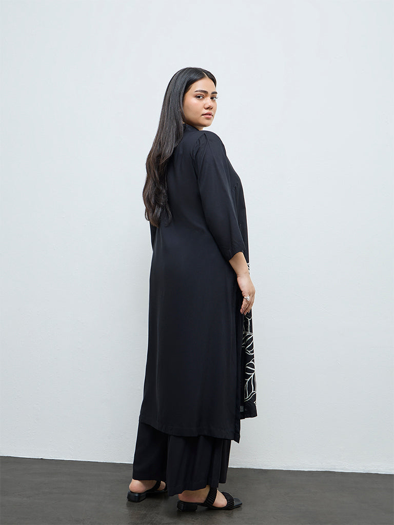 Diza Black Foliage Printed A-Line Kurta