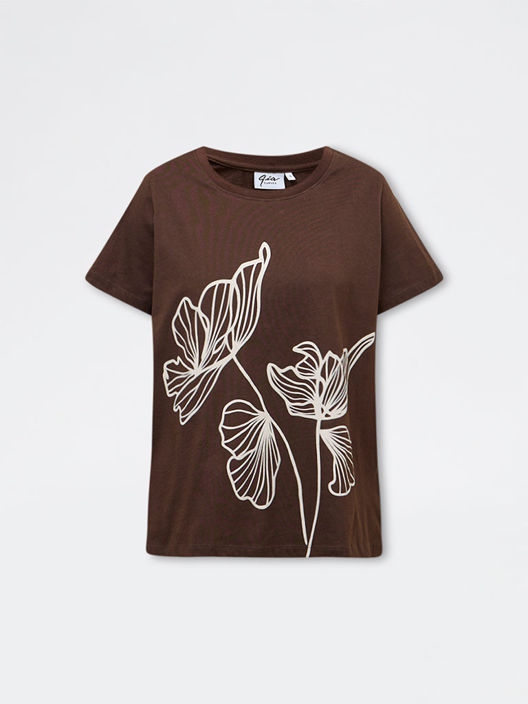 Gia Dark Brown Foliage Printed Cotton T-Shirt