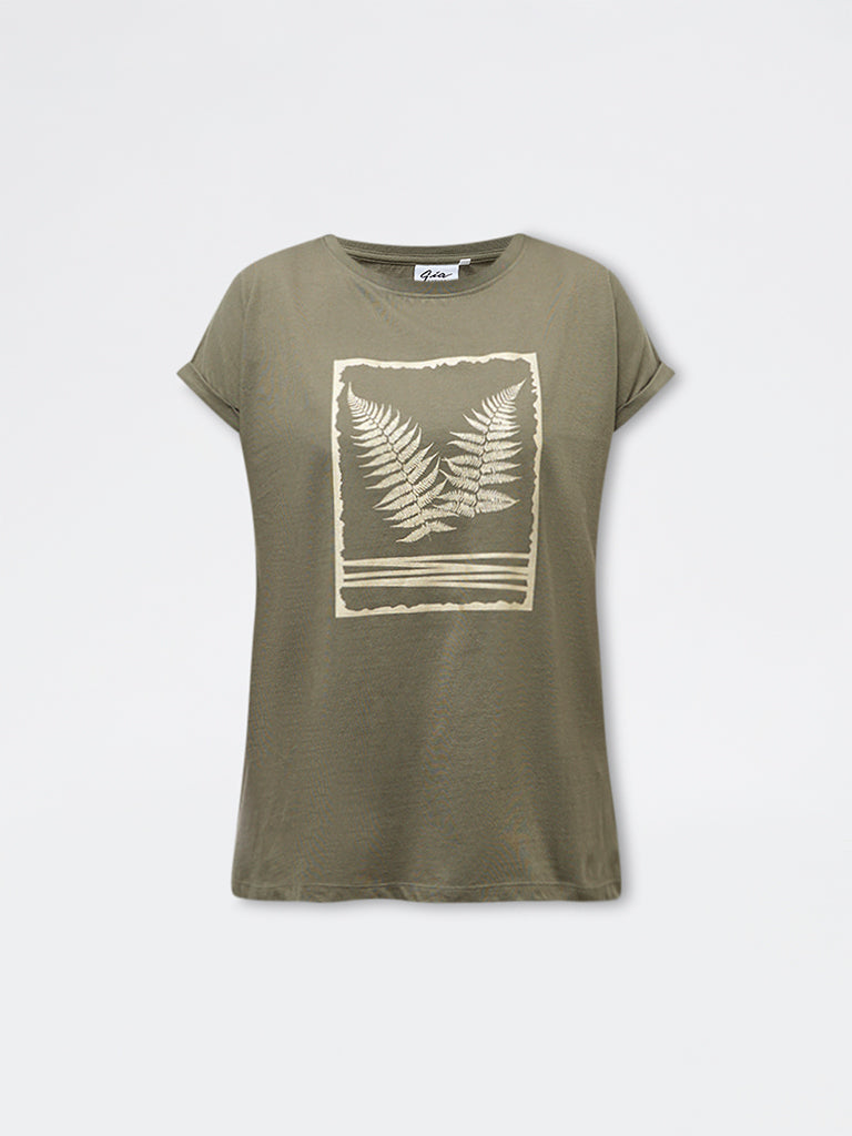 Gia Olive Leaf Pattern Cotton T-Shirt
