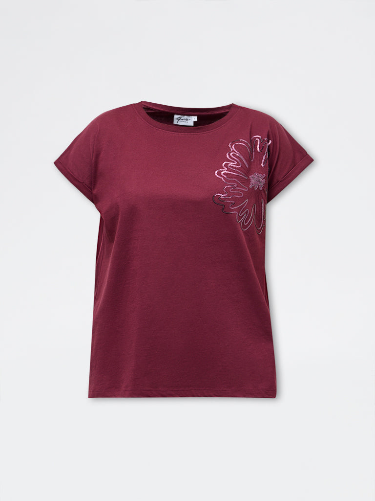 Gia Wine Floral Embellished Cotton T-Shirt