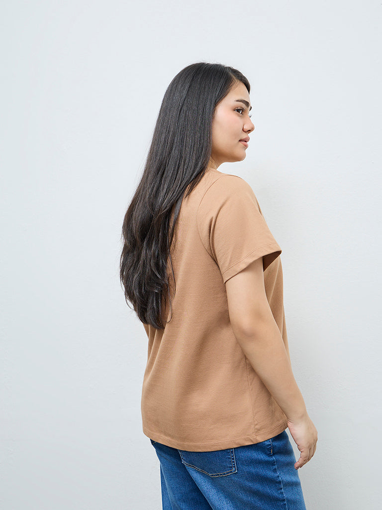 Gia Beige Graphic Printed Cotton T-Shirt