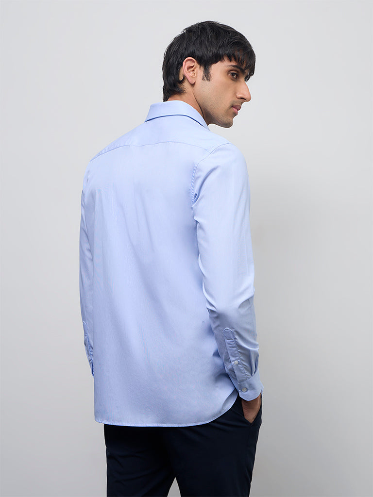 WES Formals Blue Solid Slim-Fit Cotton Shirt